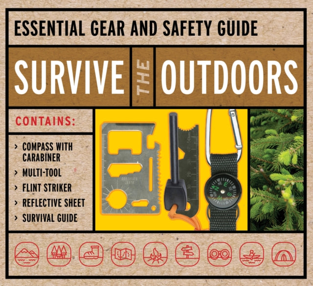 Survive the Outdoors Kit: Essential Gear and Safety Guide – Contains: Compass with Carabiner, Multi-tool, Flint Striker, Reflective Sheet, Survival Guide