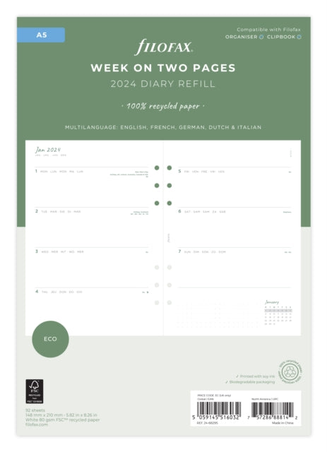 Filofax A5 Eco Week On Two Pages 2024 Diary With Tabs