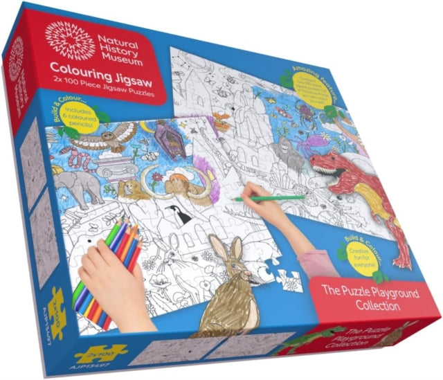 Kids' Colouring Jigsaw 2 x 100 Piece Puzzles Set (Includes 6 Colouring Pencils)