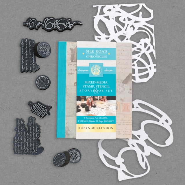 Mixed-Media Stamp, Stencil, and Storybook Set European Scripts: 8 Premium Art Stamps, 2 Stencil Masks, and 32-Page Instruction Booklet; Great for Gel Plate Printing