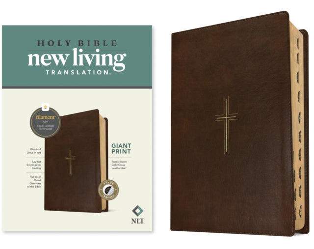 NLT Giant Print Bible, Filament Enabled (LeatherLike, Rustic Brown Gold Cross, Indexed, Red Letter) cover