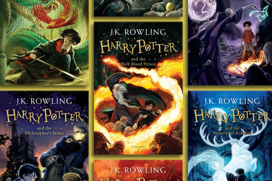 A collage containing all the cover images of the seven Harry Potter books arranged in a grid of 3 columns