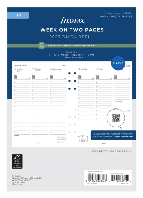 A5 Week On Two Pages English Column Format Recycled Paper 2025 Diary