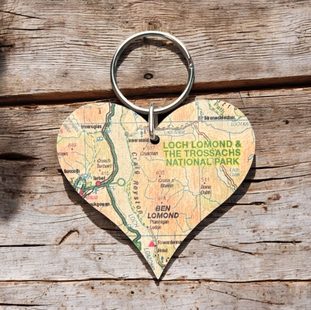 OS Map Wooden Heart Key-ring - Loch Lomond and The Trossachs National Park