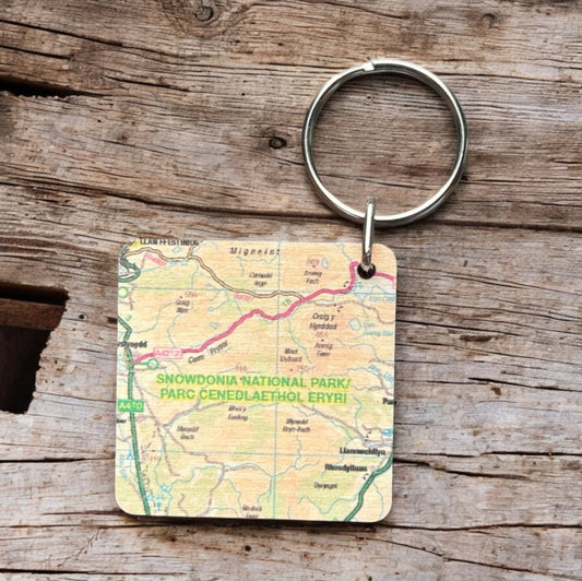 OS Map Wooden Square Key-ring - Snowdonia National Park
