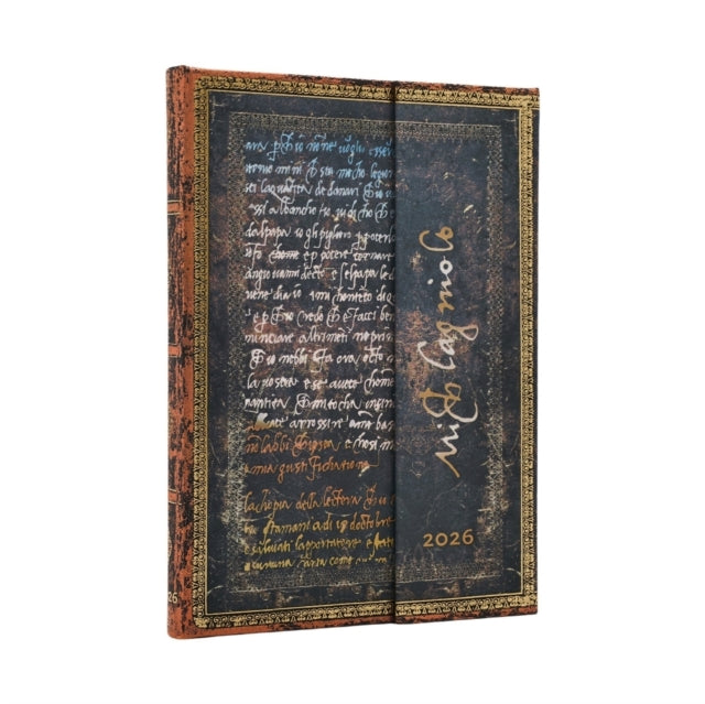 2026 Michelangelo, Handwriting (Embellished Manuscripts Collection) Midi 12-month Vertical Hardcover Flexi Dayplanner 2026 (Wrap Closure)