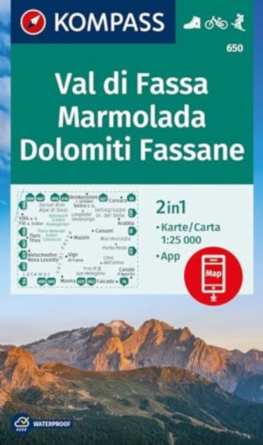 Hiking Map 650 Val di Fassa, Marmolada, Dolomiti Fassane 1:25,000: Marked hiking trails, huts, cycling routes. 1:25000.