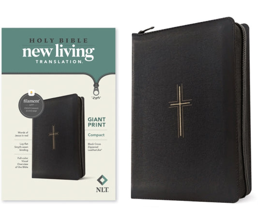 NLT Compact Giant Print Zipper Bible, Filament-Enabled Edition (Leatherlike, Black Cross, Red Letter)
