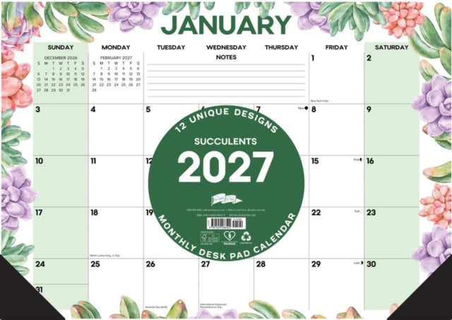 Succulents 2027 17" x 12" Monthly Deskpad