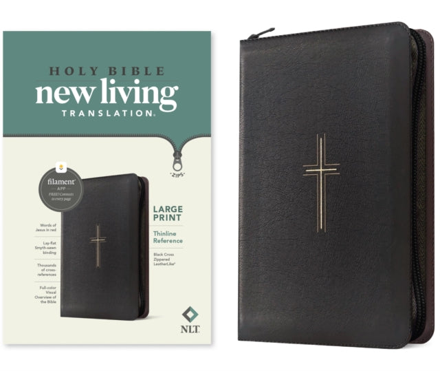 NLT Large Print Thinline Reference Zipper Bible, Filament Enabled (Leatherlike, Black Cross, Red Letter) cover