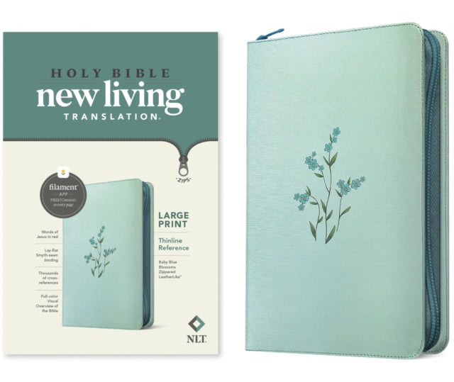 NLT Large Print Thinline Reference Zipper Bible, Filament Enabled (Leatherlike, Baby Blue Blossoms, Red Letter) cover