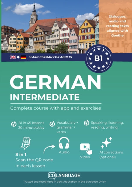 Learn German B1 intermediate. Complete course with audio and video cover
