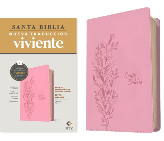Biblia de referencia en la columna central NTV, letra grande con Filament (SentiPiel, Rosa, Letra Roja) cover