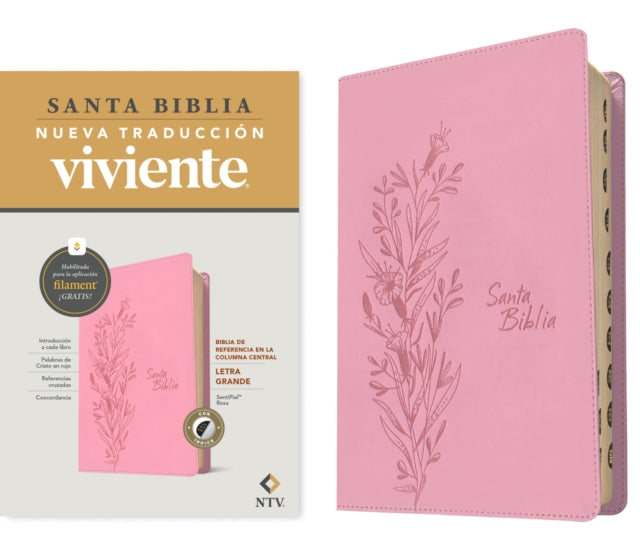 Biblia de referencia en la columna central NTV, letra grande con Filament (SentiPiel, Rosa, Indice, Letra Roja) cover