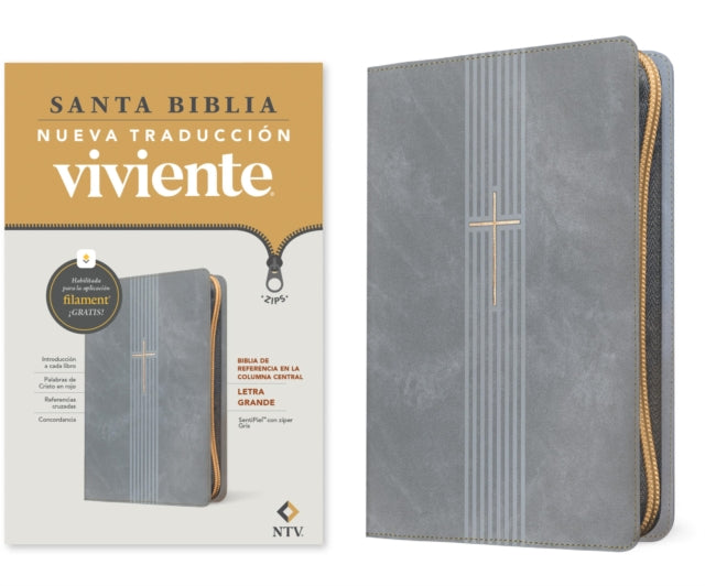 Biblia de referencia en la columna central NTV, letra grande de zíper con Filament (SentiPiel, Gris, Letra Roja) cover