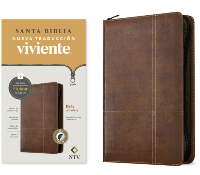Biblia ultrafina NTV de ziper, con Filament (SentiPiel, Cafe rustico, Indice, Letra Roja) cover