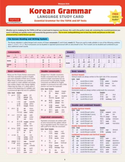 Korean Grammar Language Study Card: Essential Grammar Points for the TOPIK test (Includes Online Audio)