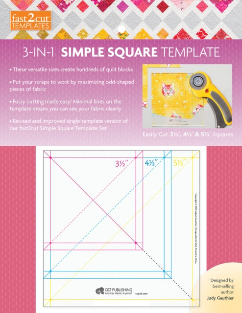 fast2cut 3-in-1 Simple Square Template: Easily Cut 3 1/2 ", 4 1/2 " & 5 1/2 " Squares