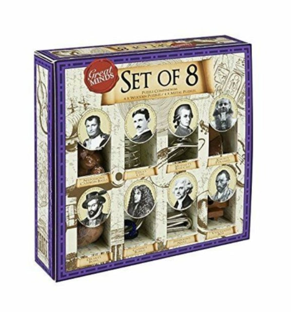 Great Minds Set of 8 Puzzle Compendium (4 Wooden, 4 Metal)